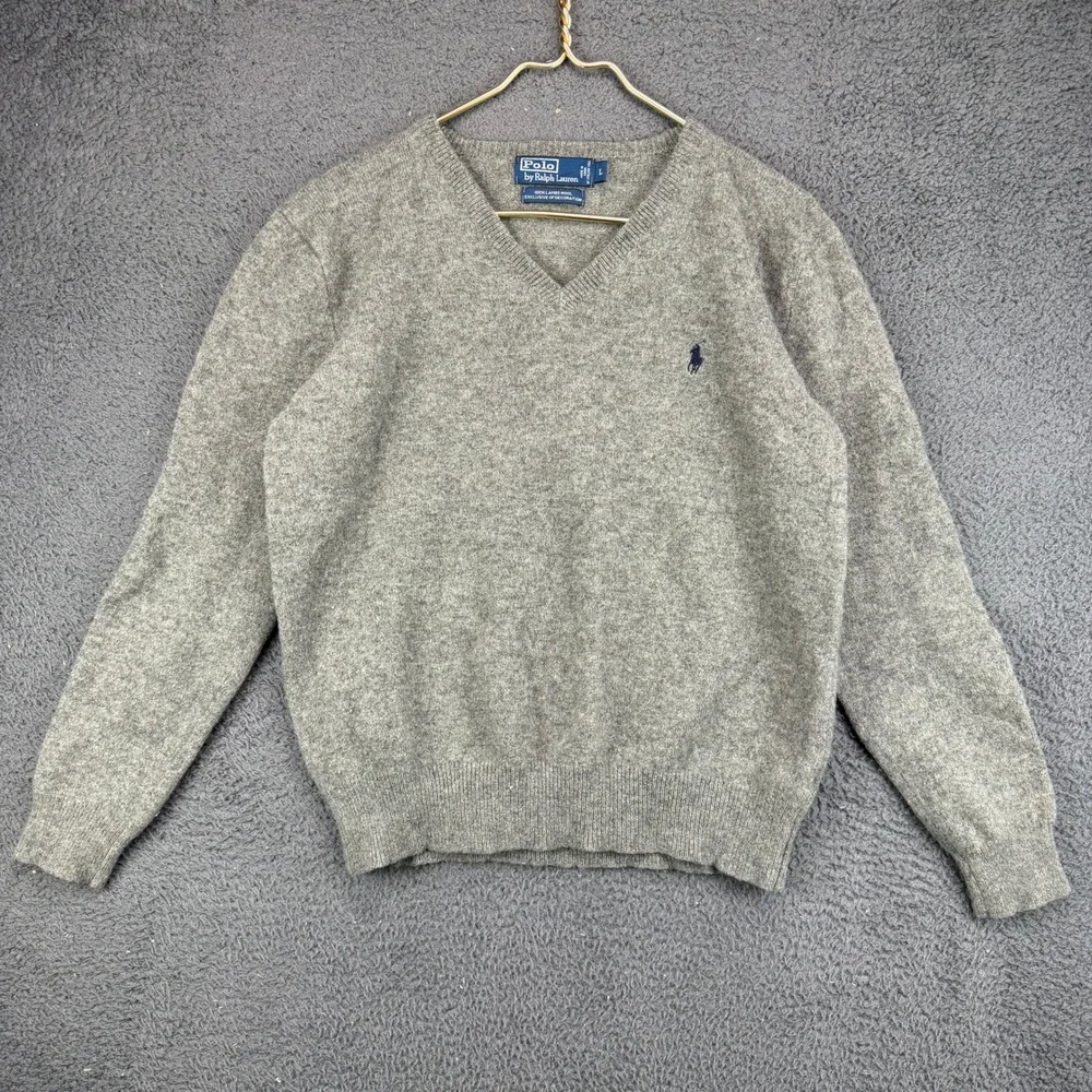 Polo Ralph Lauren Mens Large Gray‎ 100% Lambs Wool V-Neck Sweater Italian Yarn